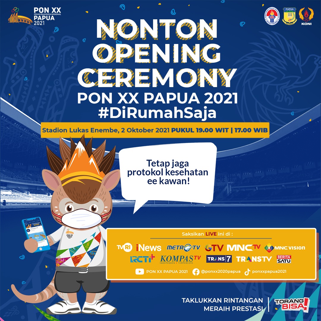 Jangan lupa saksikan opening ceremony PON XX Papua.#DiRumahSaja #TorangBisa @jokowi @PlateJohnny @kemkominfo @KEMENPORA_RI