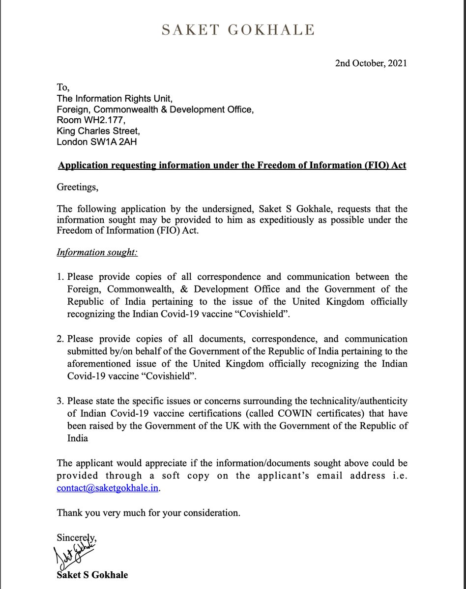 SaketGokhale's tweet image. The UK has consistently argued there's an issue with Indian COWIN vaccination certificates which is why they aren't recognized (while Covishield is).
Filed an FOIA request with the UK Foreign Office asking what these issues are to know what Indian govt isn't probably telling us.