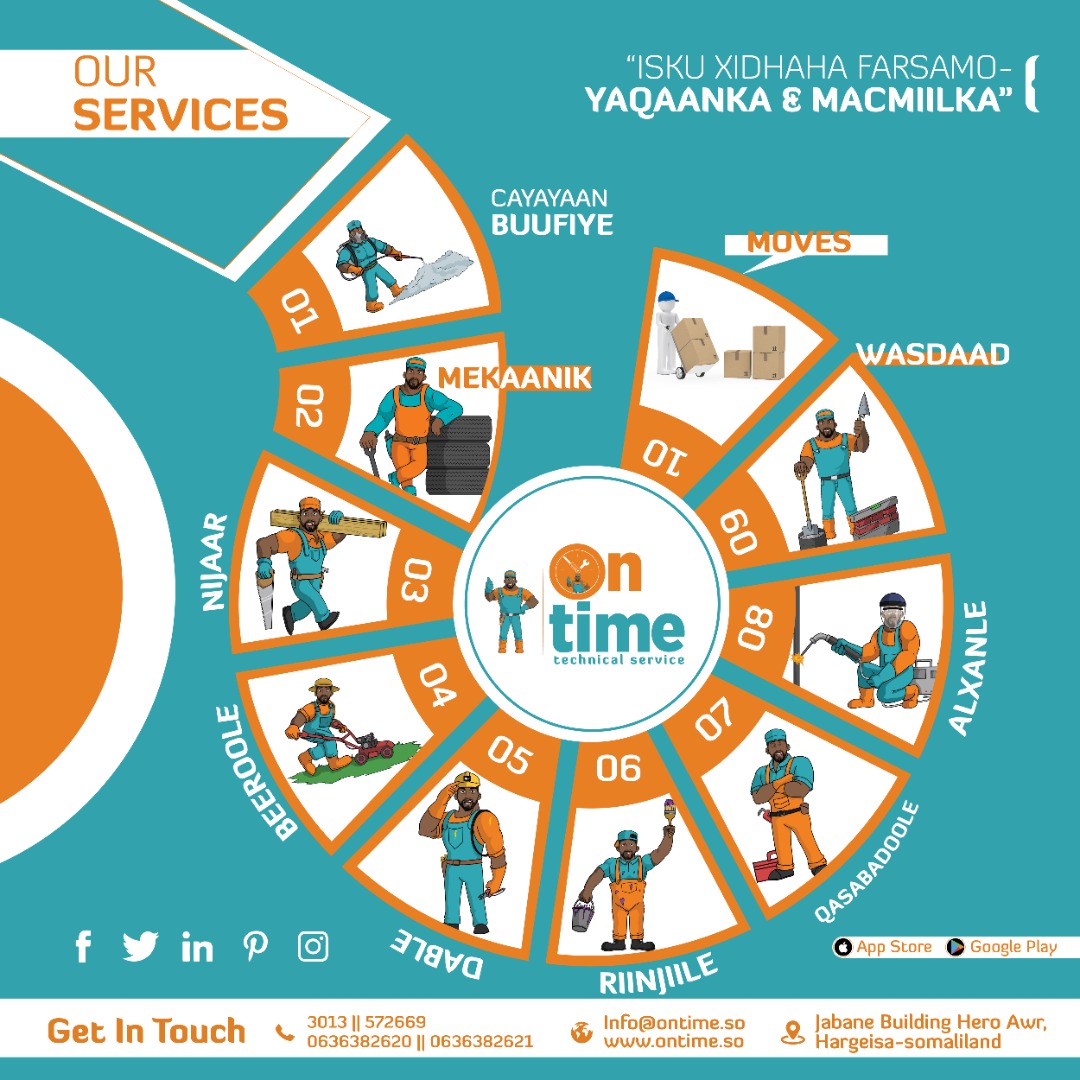 Ontimesomalilan's tweet photo. Macmiil subax wanaagsan saaka cabashadadaadu inteey leegtahay Tusaale ahaan ma laxmadbaa mise waa  qasabad mise waa ranji ,on-time ayaa xal u hayisee ha mogan ontime technical service
Naga So Wac Numberska :
☎️ 3013|| 572669||573096|| 573097
📱0636382619 || 0636382621 https://t.co/EO6oe7Lvqe