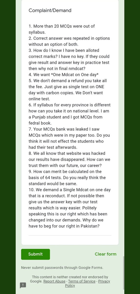 Not a single demand is out of context and difficult to adhere and listen to, but pmc has been adamant on not admitting to their fault, they can't be ever wrong cause hey this is Pakistan nobody thinks themselves wrong here  #StudentsMarchToPMHouse #WeRejectPmcMdcatTest2021