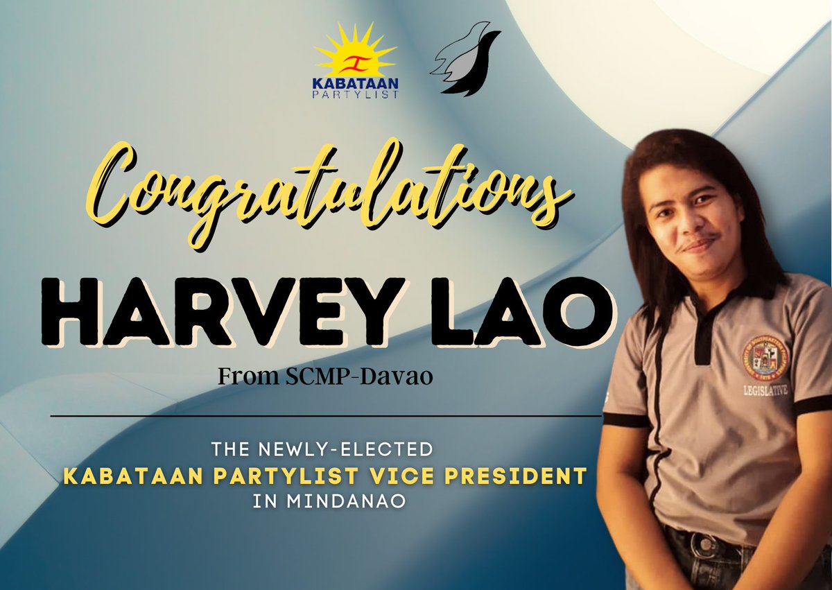 SCMPDavao's tweet photo. We would like to congratulate our very own SCMP Davao member @harvey_lao as the newly elect VP for Mindanao of @KabataanPL! 

We call on fellow youth to join SCMP to strengthen our unity against the ills in our system.

For God and country.

#JoinSCMP
#LabanKabataan
#KabataanAko https://t.co/kbI6czIyyw