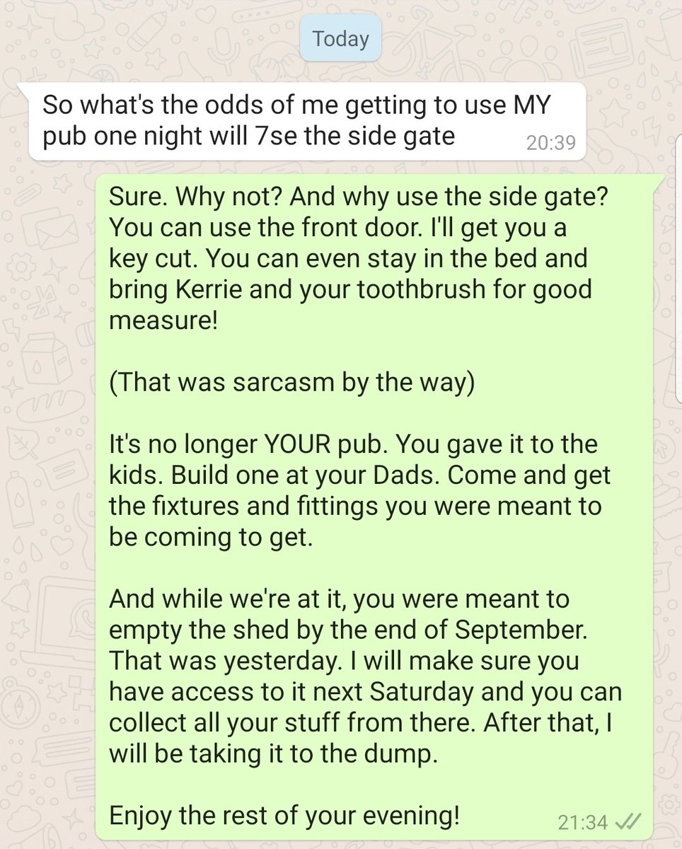 AnneSparkly's tweet photo. The ex moved out in May this year. Left behind his man cave "pub" to our adult kids that are still here. Last night, he messaged this. He's seriously deluded. I asked him to move out due to DV (especially after drinking) &amp; he put us thru an absolute hell for a yr b4 going 🤬😜🤬 https://t.co/CX9nbL7R38