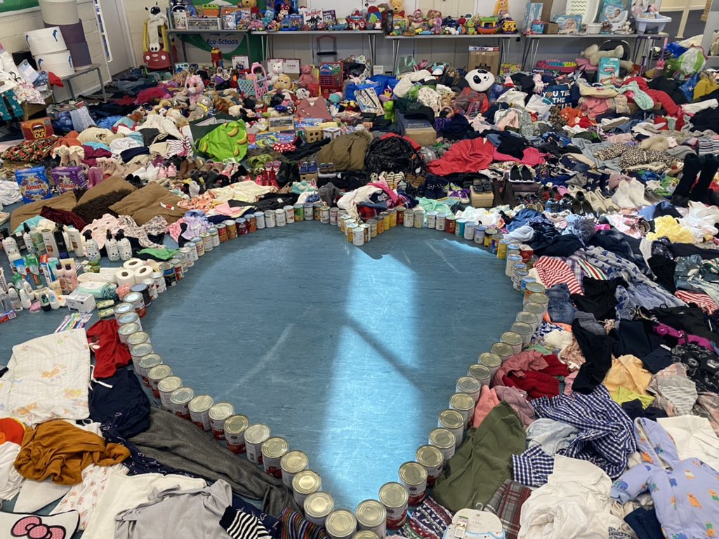 NCEA_Warkworth's tweet photo. We did it ! We filled the hall with donations for families who have fled Afghanistan . A huge thank you to Miss Sharp from A Child’s Wish for inspiring pupils into more social action. @NCEA_Trust @NclDiocese #generosityweek #strivetogetherasone @AlanJHardie https://t.co/cSAT4s4i26