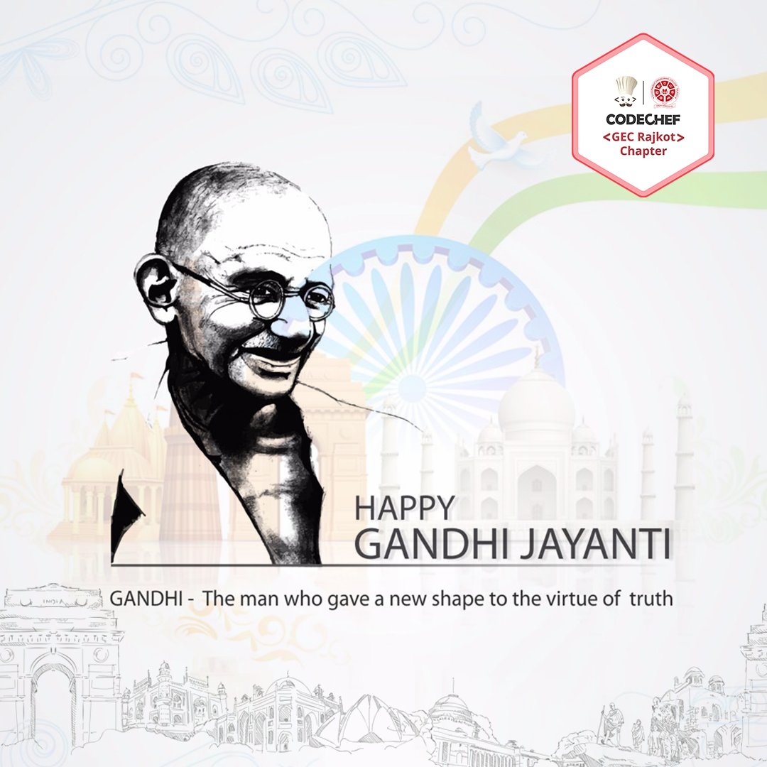 CodechefGECR's tweet image. Gandhiji always taught us to win🏆 over our anger and follow non-violence for a better tomorrow for our nation 🇮🇳
Happy Gandhi jayanti ✨
#codechef
#codechefgecrajkotchapter
#codechefcollegechapter
#gecrajkot
#gandhijayanti
#freedom