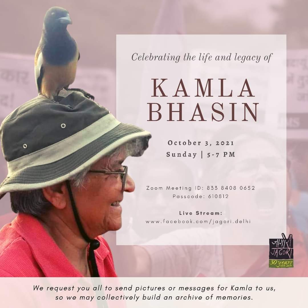 SangatNetwork's tweet photo. We will be meeting tomorrow to celebrate the life, love, and friendship of this wonderful woman, #KamlaBhasin  

Join us as we hold this space to share all our love for her, and remember in solidarity. https://t.co/pkinCG1oyo