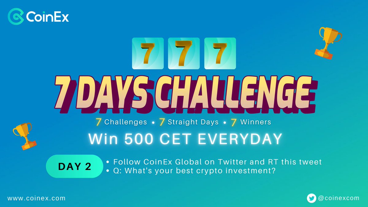 📢 Competition Time: #7DaysChallenge

🤑 7 challenges. 7 straight days. 7 winners. Let's do this!

Day 3:
✅ Follow @ccoinexcomand RT
✅ What's your best crypto investment? 👇

💰 One winner from Day 3 to announce on Oct 8 and reward with 500 CET. One entry per person per day.