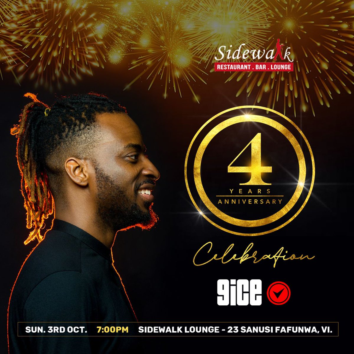 SidewalkVi's tweet photo. The only place to be tomorrow is @sidewalkvi. Come and celebrate our 4th anniversary with us. Come experience the greatness of @9iceofficial on stage again.
Don't miss out!
Visit us today - 23 Sanusi Fafunwa Street Victoria Island
#SidewalkVI #BarInLagos #4thAnniversary https://t.co/DGpqk73DVO