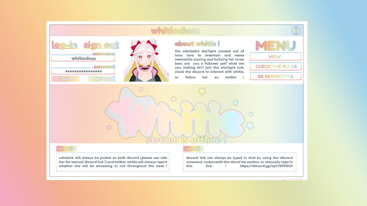 whitie_chan's tweet photo. new offline page for twitch inspired by a carrd I saw on weheartit uwu
cr // jnisoul
#offlinepage #twitch https://t.co/VOHbvdqwTv