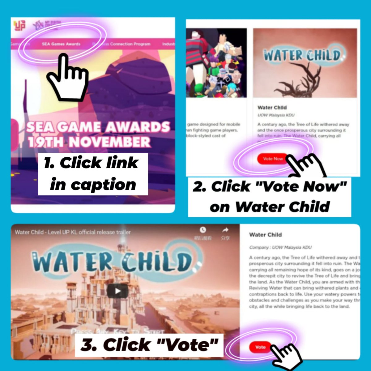 skyjusworks's tweet photo. Hi all, voting for the SEA Game Awards has finally begun! Please vote for us!

If you're not sure how, follow the 3 simple steps in the image.
Link: https://t.co/eFI8jdSJi9

#gamedev #indiedev #indiegames #indiegame https://t.co/TqWJjPWRDj