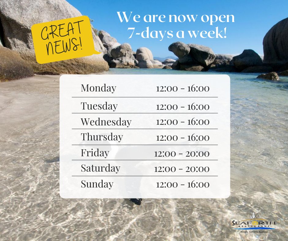 Exciting news, we are now open 7-days a week! Have a look at our new hours and book your table accordingly. We look forward to your booking, 021 786 4810.

#specials #seaforthrestaurant #simonstown #seafoodrestaurant #restaurants #seaforthbeach #simonstownsouthafrica #seafood