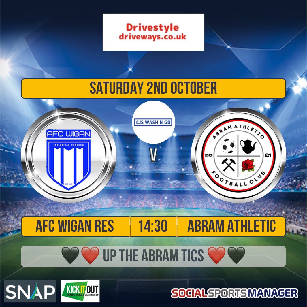 AbramAthleticFC (@abramathletic) on Twitter photo ๐ League fixture
๐ 2nd October 2021
โฐ 14:30 PM Kick off
๐ Stadium Way, Wigan, Lancashire WN5 0UN
๐ <a href="/afcwiganres/">AFC Wigan Saturday Reserves (New)</a>
๐คโค๏ธ UP THE ABRAM TICS โค๏ธ๐ค
๐๐ฝ This weekend we will be sponsored by Drivestyledriveways.co.uk and @cjswashngo21 ๐ League fixture
๐ 2nd October 2021
โฐ 14:30 PM Kick off
๐ Stadium Way, Wigan, Lancashire WN5 0UN
๐ <a href="/afcwiganres/">AFC Wigan Saturday Reserves (New)</a>
๐คโค๏ธ UP THE ABRAM TICS โค๏ธ๐ค
๐๐ฝ This weekend we will be sponsored by Drivestyledriveways.co.uk and @cjswashngo21