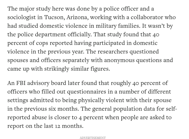 WepWomen's tweet photo. 2/3]
Studies of perpetrators in the US police force find that 40% of cops reported having committed domestic violence in the previous year
Spouses &amp; officers questioned separately with strikingly similar results
#NotAllCops
#EnoughIsEnough #EnoughMen #NotAllMen @ManduReid https://t.co/XXfg0Tfufz