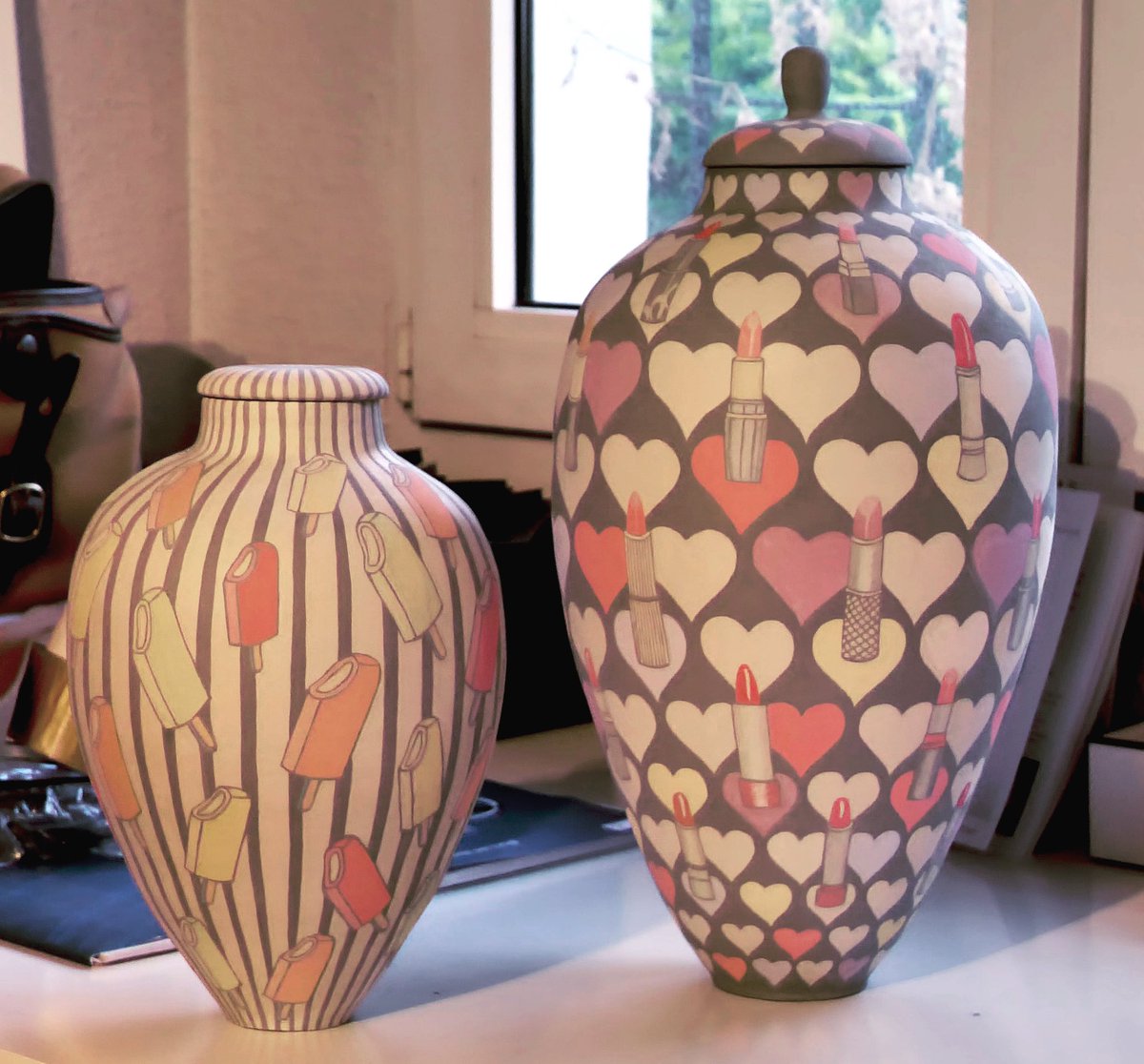 studioslipware's tweet photo. Dusty dry pots. I’m off to the kiln today. These two and two more should be out by Wednesday. I hope to have delivered to @messumsthebarn by the end of the month. Register interest with them, this is the last delivery for 2021. #slipware #workinprogress #kittyshepherd https://t.co/dPLDQkftxT