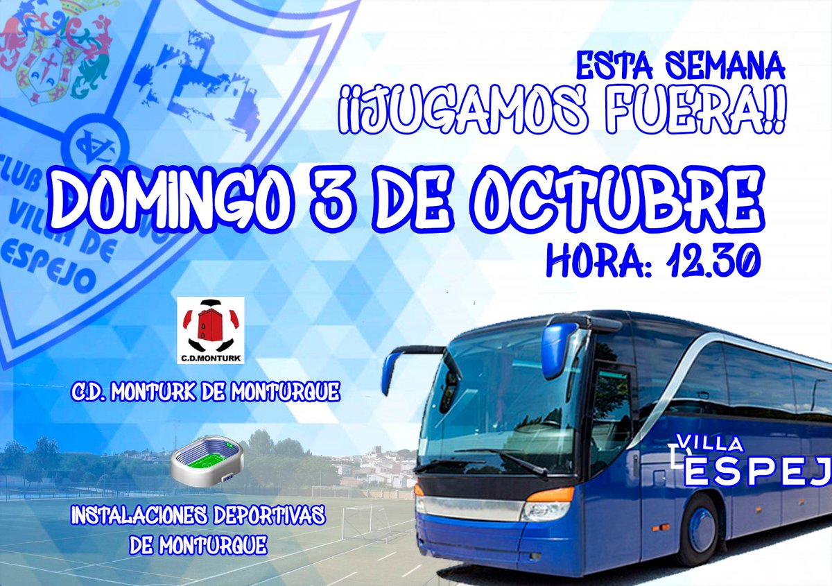 📣 Primer partido de liga del equipo Senior, nos desplazamos 🚗 muy cerquita, a Monturque 🏘.

Acompaña a los nuestros y no los dejes solos, es muy importante comenzar bien 👍👍

Estamos seguros que vamos a disfrutar de un buen domingo de fútbol con nuestros amigos de Monturque