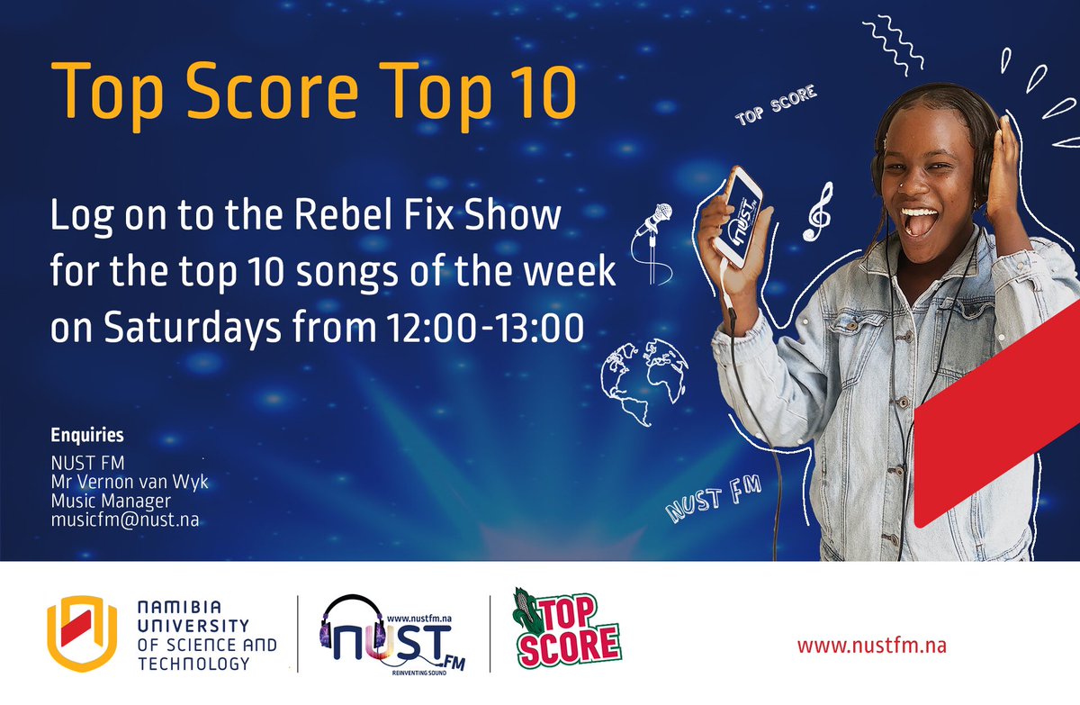 NUSTFM's tweet photo. Listen to the biggest songs in the Land of the Brave on the #topscoretop10 chart only on the Rebel Fix from 10:00 to 13:00 with @_VDM_Muniazo 

Proudly sponsored by Top Score 💙💚

Log on to https://t.co/AH31HATTtW https://t.co/KLoESZpByk