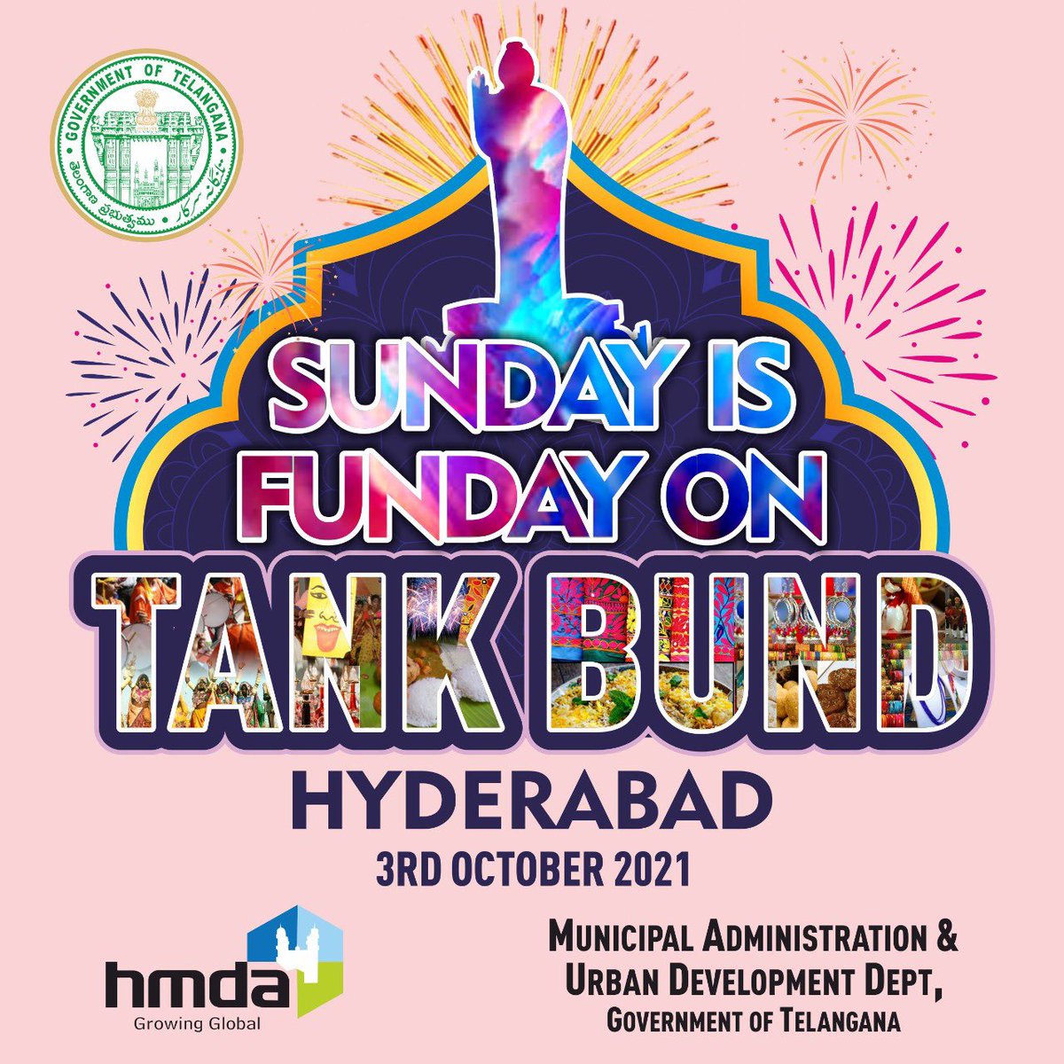 Happening_Hyd's tweet photo. #TankBund 
Sunday-Funday from 5-10 pm on Oct 3 

1. Police band
2. Puli Veshalu dance 
3. Free saplings by @HMDA_Gov
4. Handicrafts, handlooms 
5. Tandoori chai 
6. Lots of fun activities for kids 

You must wear 😷 https://t.co/6HHojQjvbx