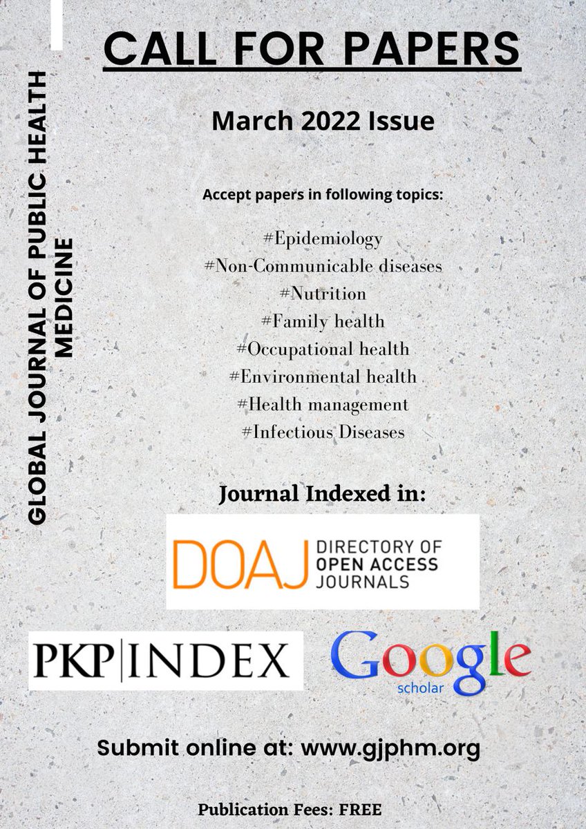 GJPHM's tweet photo. Call for papers (March 2022) issue 

Submit online at: https://t.co/INBsxZ7puF 

#gjphm
#publichealth 
#publishing https://t.co/vVmrQOI712