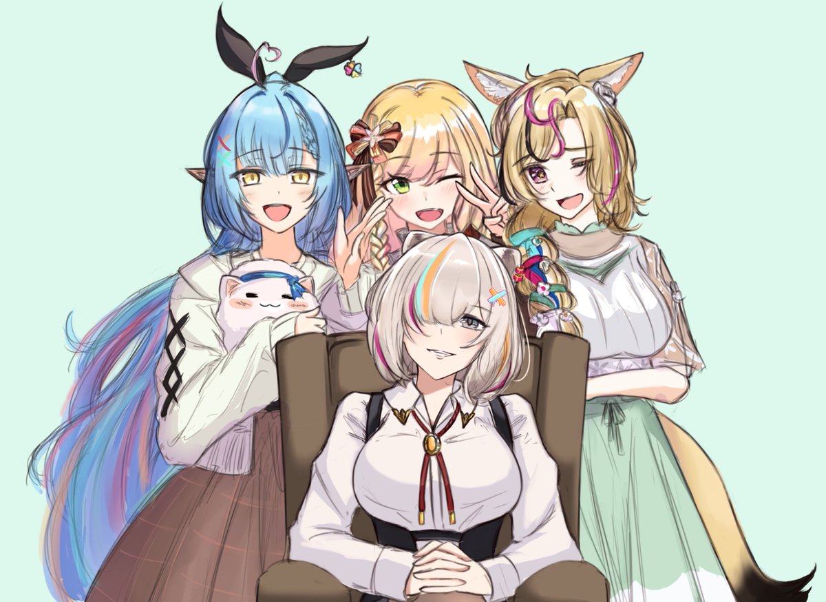 momosuzu nene ,omaru polka ,shishiro botan ,yukihana lamy multiple girls 4girls animal ears blue hair blonde hair one eye closed pointy ears  illustration images