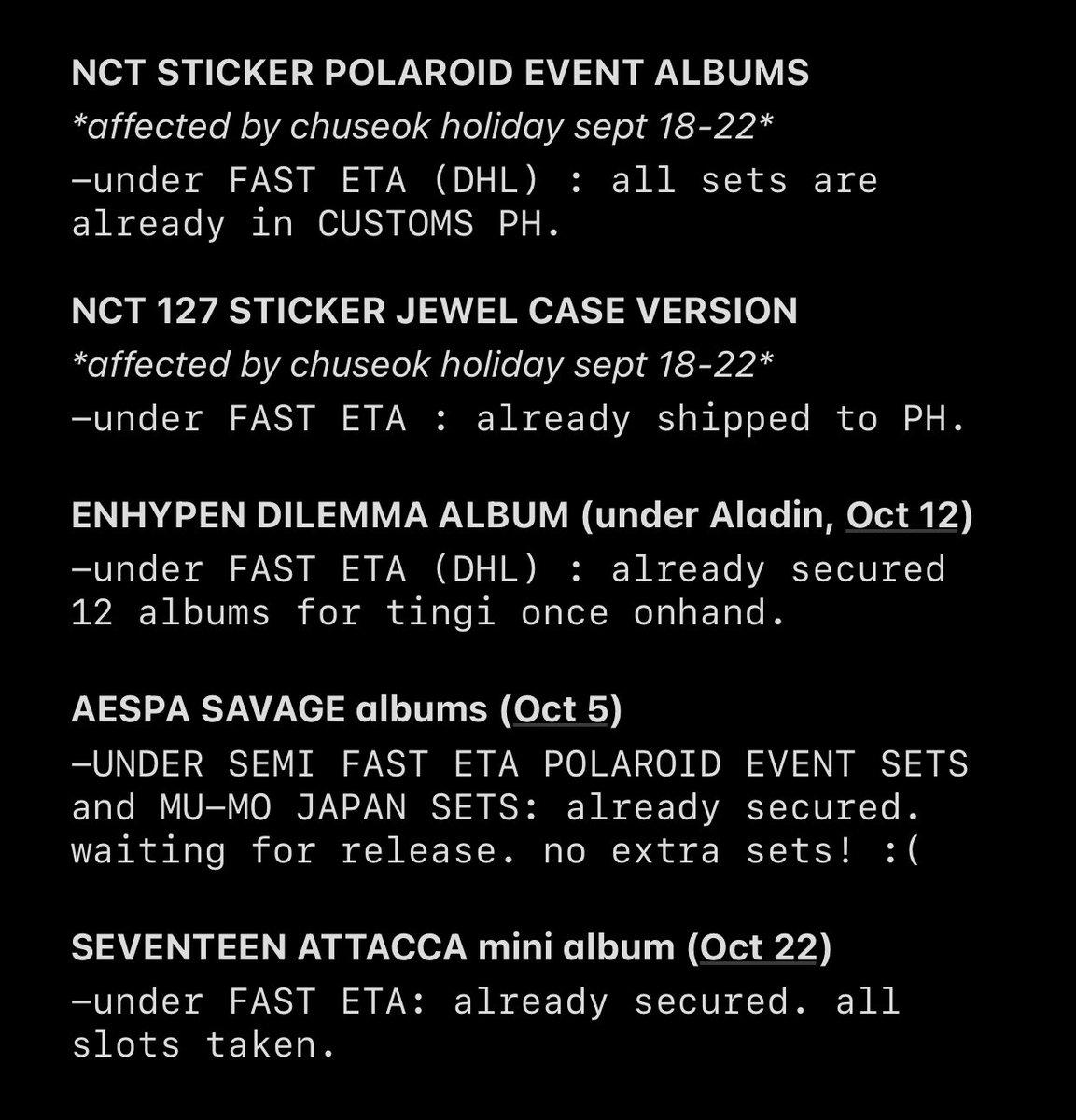 shopwthfelicita's tweet photo. #SWFupdate
i'm still contacting goldstar korea to ff up sa normal eta boxes, it has been 4 wks since they have been shipped out from KR.
for other albums, pls refer to the updates below: https://t.co/FLgi081FVg