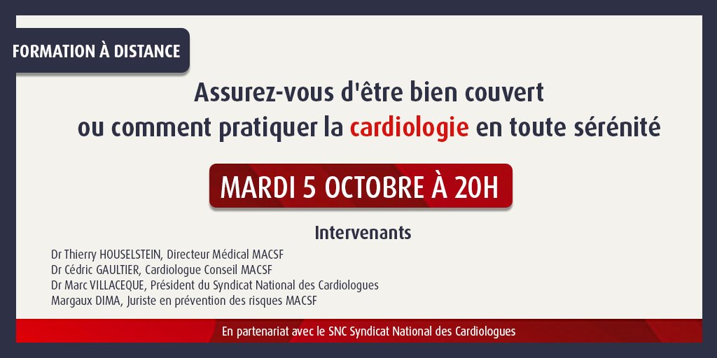 groupe_MACSF's tweet image. [RDV]🗓❤ #Cardiologie Parce qu’il peut être difficile de comprendre les questions médicolégales, le @sn_cardiologues et la #MACSF vous proposent une formation en ligne sur ces sujets importants pour exercer sereinement et vous protéger. Inscriptions 👉 swll.to/C4rdi0