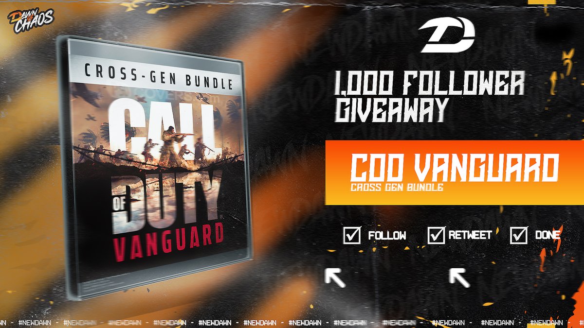DawnofChaos_'s tweet image. 1,000 Follower Call of Duty Vanguard Giveaway🥳

⬇️To enter you must⬇️

💻Follow @DawnofChaos_ 
🔁Retweet this post
💬 Comment #NewDawn when finished

Best of luck and thank you for 1k😈

#NewDawn

Powered By: @KillerJerkyCo @ContactBMM @RealGamerWear @ShockedEnergy