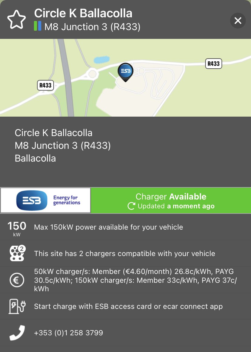 WattsUpIreland's tweet photo. New #ESBecars chargers now live in Co. Laois!
📍Circle K Ballacolla, M8 J3
1 x high power charger 150kW and 1 x 50kW available for EV drivers. https://t.co/dfyAxCZNf5