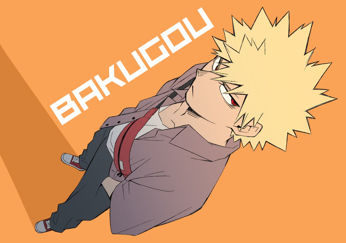 bakugou katsuki 1boy male focus solo spiked hair red eyes blonde hair orange background  illustration images