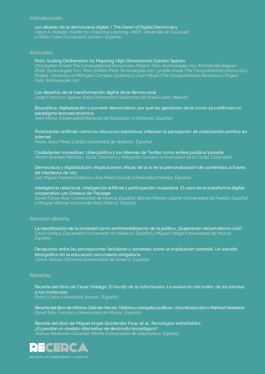 EticaDemocracia's tweet photo. ¡Ya disponible el último número de #RecercaRevista!
Democracia en la era de la Inteligencia Artificial #IA @cesifoti @patrici_calvo @UJIuniversitat
🤖🔍📕👇
https://t.co/mBRwsaWcyU https://t.co/WSocroklSI