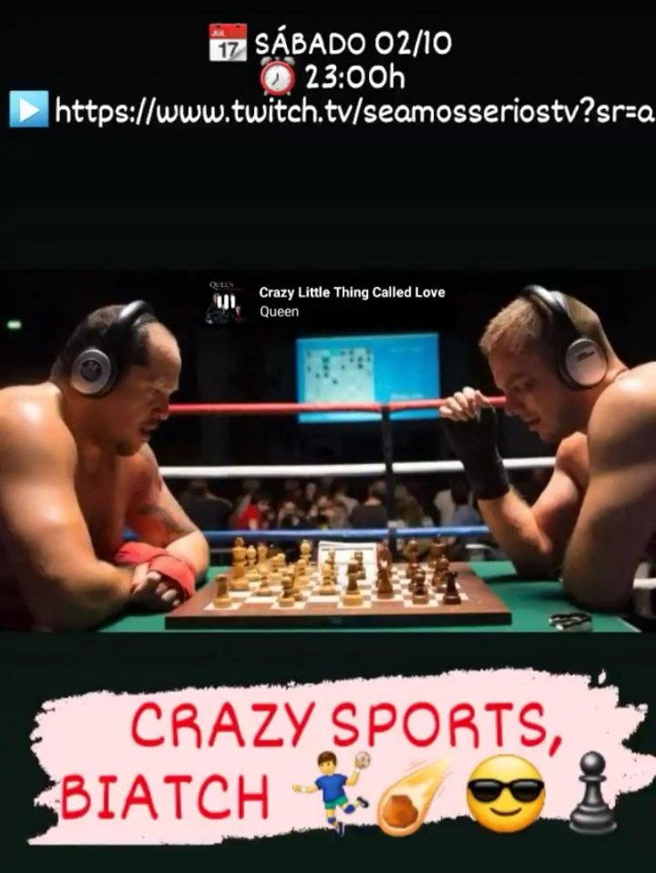 SeamosSeriosTv's tweet photo. 📆 SÁBADO 02/10
⏰ 23:00h
▶️ https://t.co/e7t7hGz065
No te pierdas nuestras retransmisiones de la fantasía hecha deporte
💥🤪🤼♂️🤾♂️♟🥊🤪💥
#kabaddi #calciofiorentino #carball #botaoshi #wifecarrying #chessboxing #seamosserios #TwitchStreamers #twitch #stream #crazysports https://t.co/6ANYbHu92V