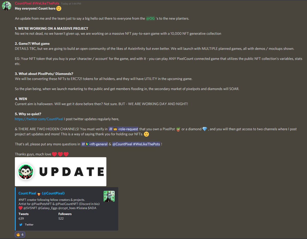 CountPixel's tweet photo. Here's a screencap of an announcement I put up on the @PixelCountNFT @PixelPotsNFT discord! For those following along my development journey - have a read and come say hi on discord! 😍🧛🚀💕 Thanks for all the support, pixelpot, vamp and egg friends! https://t.co/IwWO2HIGWF https://t.co/wSFdPzLFDI