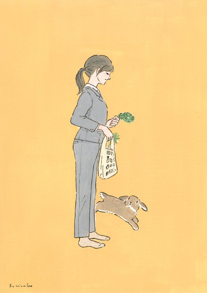 1girl ponytail solo holding bag simple background pants  illustration images