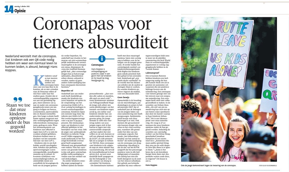 Dat kinderen een coronapas nodig hebben om normaal te kunnen leven is absurd

Mijn opiniestuk in Noordhollands Dagblad, Leidsch Dagblad, Haarlems Dagblad, IJmuider Courant en De Gooi- en Eemlander 

➡️ noordhollandsdagblad.nl/cnt/dmf2021100… | <a href="/nhdagblad/">Noordhollands Dagblad</a>
