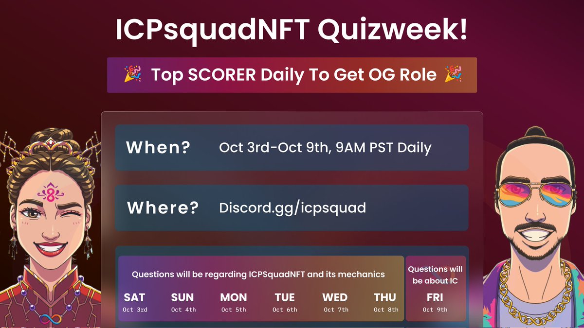You can't miss this, the perfect opportunity to win some @ICPSquadNFT

👉 RT
👉7 #NFts up for grabs! #ICPSquad 

Join us to participate: discord.gg/icpsquad