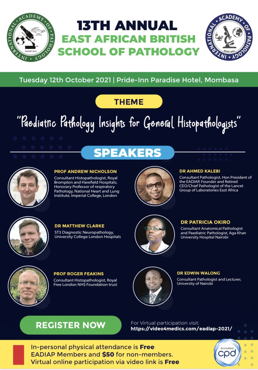 DrAhmedKalebi's tweet photo. Reminder: The 13th Annual East African British School of pathology #EABSofP🔬
Date: Tuesday 12 October 2021
Registration: FREE to join via virtual video streaming https://t.co/8y370S1Hx4
In-person physical attendance in Mombasa FREE for pathologists & trainees EADIAP members🏝 https://t.co/Zn3Se9iAnP