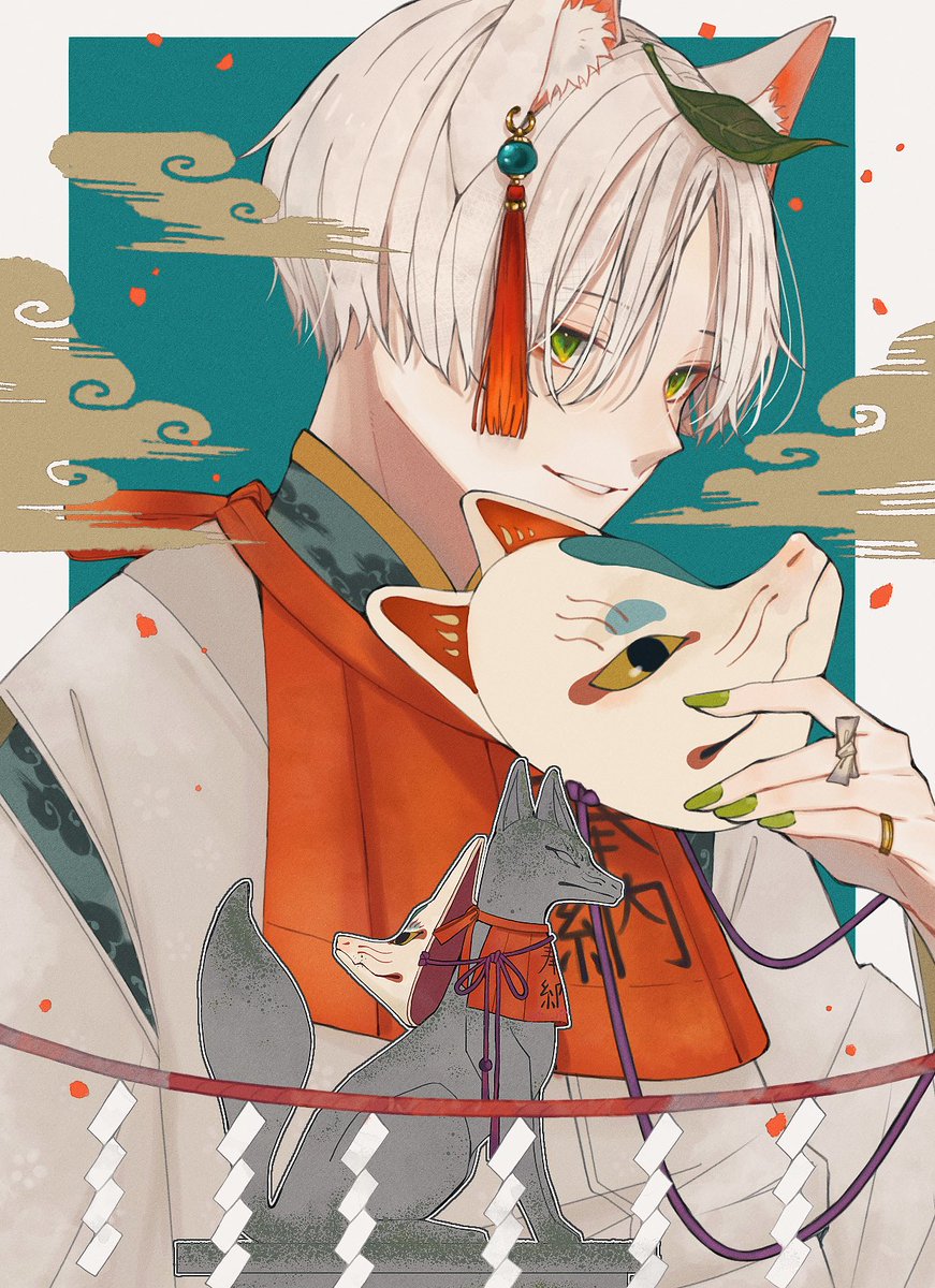 animal ears 1boy male focus green eyes jewelry white hair solo  illustration images