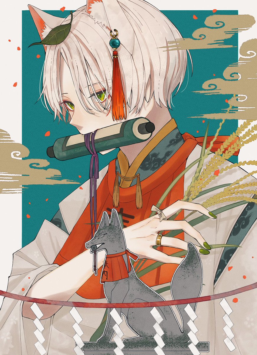 animal ears 1boy male focus green eyes jewelry white hair solo  illustration images