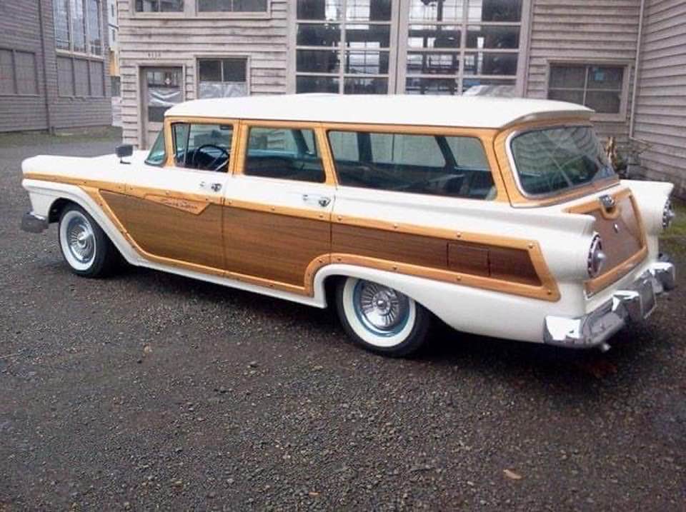 -Beautiful 1957 Ford Country SQUIRE wagon…by this time the woodie was DI-NOC   a non- wood material …but beautiful none the less and top  of the line….— highly collectible with 312 Thunderbird V-8