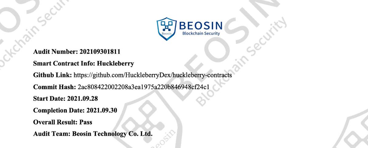 I said I was gettin' #Huckleberry's smart contracts audited by an accredited firm and you all... pretty much believed me. So thank you! Now, it is my pleasure to share the results: #Huckleberry passed with flying colors! See for yourself: github.com/HuckleberryDex… - Finn