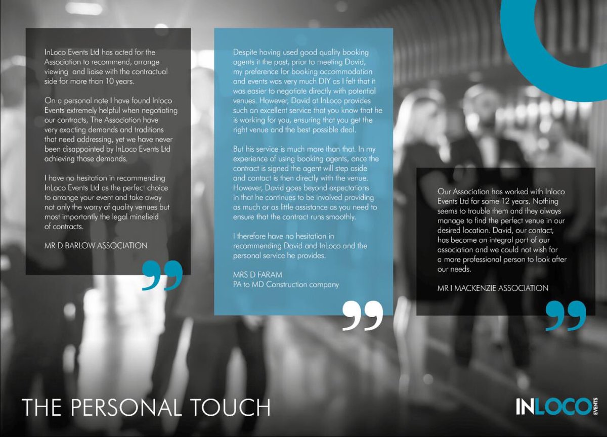 Here at InLoco Events our relationship with our clients is paramount. Understanding their requirements ensures we deliver a bespoke, professional and personable service. Don’t take our word for it look at the testimonials below. 

#clientsatisfaction #wemakeeventshappen