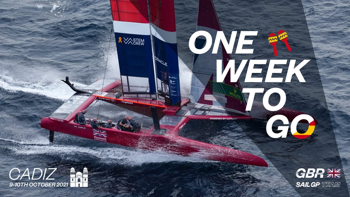 ¡Toma! ☝️ week! Only 7️⃣ sleeps until #spainSGP 🇪🇸💃☀️ 📍Cádiz: 9-10 October LIVE @skysports & @sailgp YouTube #PoweredByNature