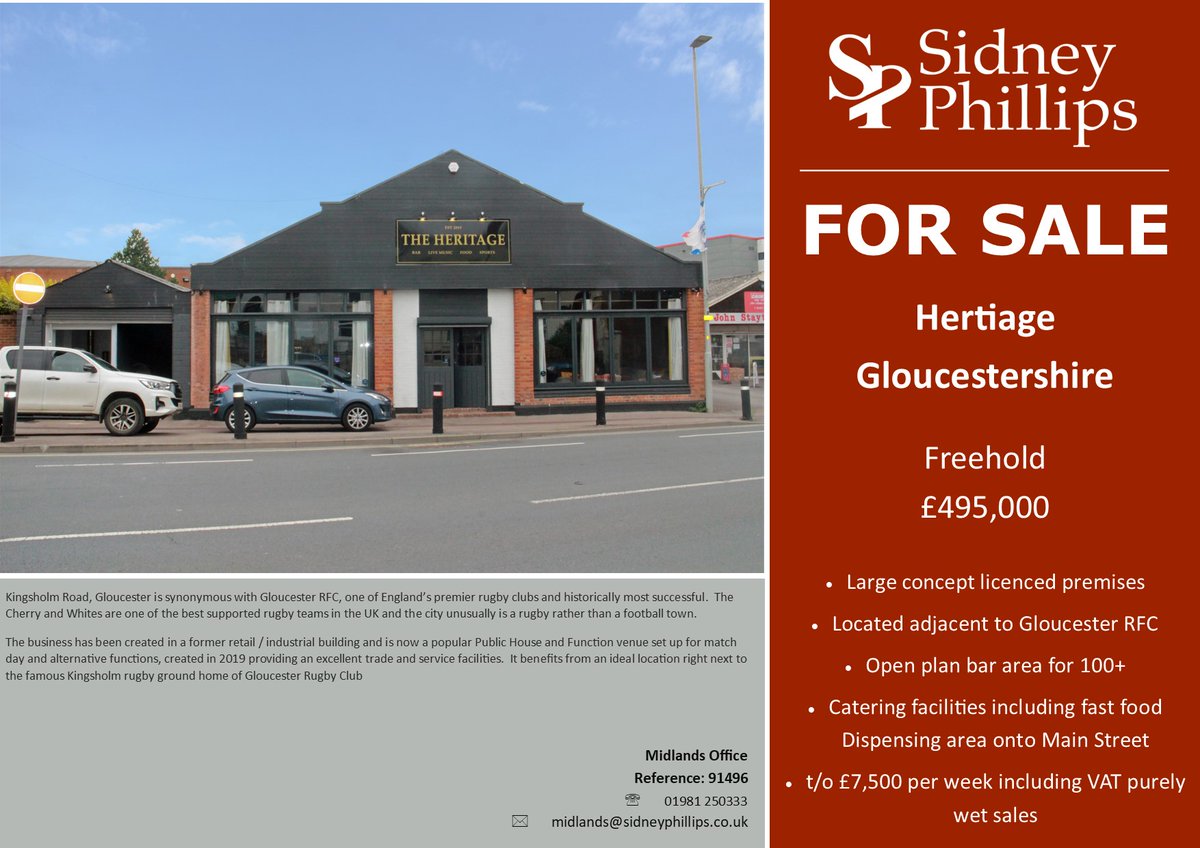 SP_Commercial's tweet photo. The #Midlands office of specialist #leisure and #hospitality #agents #SidneyPhillips, is offering a high capacity #bar situated next to a #Premiership #rugby #stadium #forsale.
Read more👉https://t.co/fnyYS2XDZe
#freehold #Gloucestershire #Gloucesternews #onthemarket #commecial https://t.co/A9e9cCPVvq