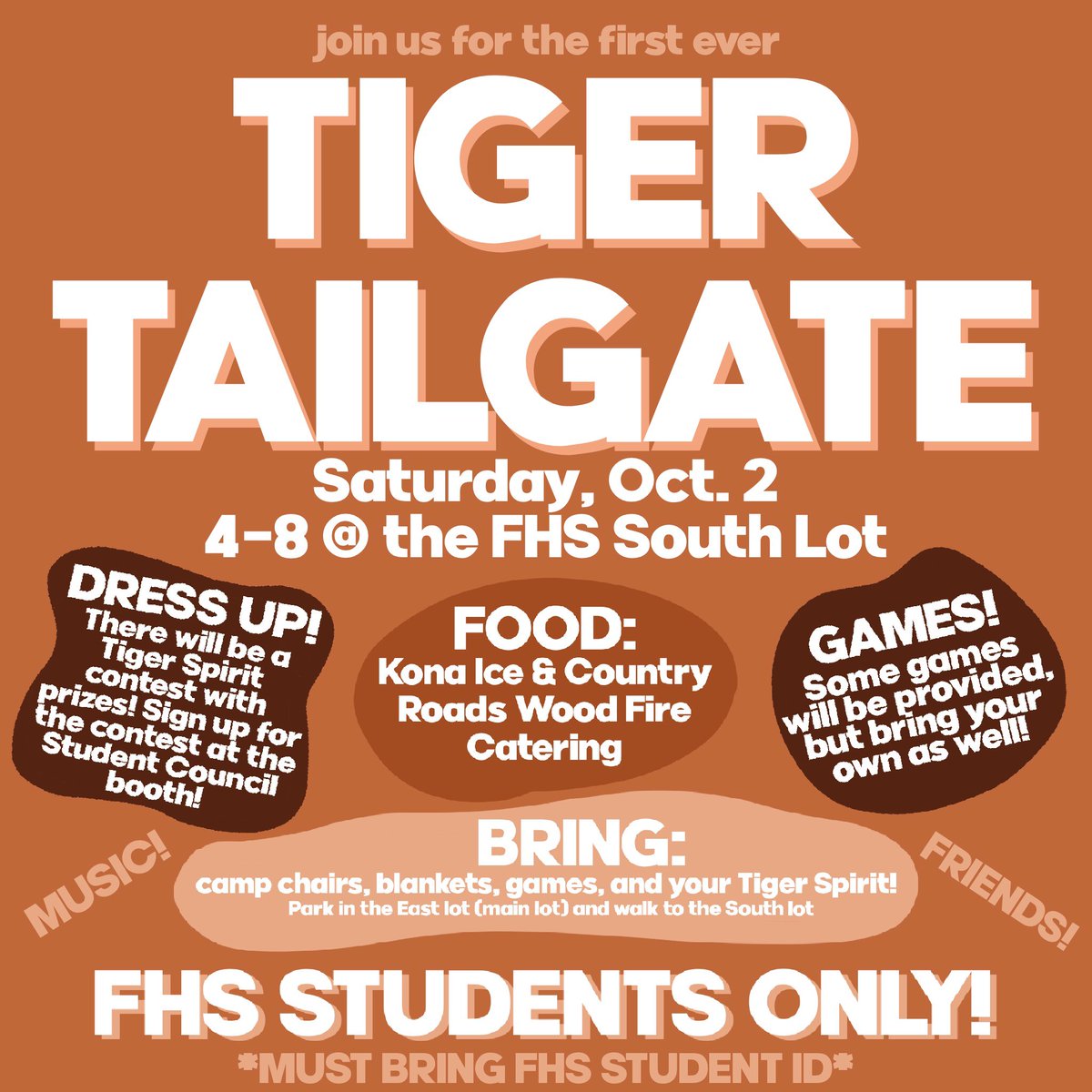 The Tiger Tailgate is happening TODAY! We are so excited for all the food, games, and fun in store. Remember that admission is FREE, and wear ALL of your Tiger Pride gear! The fun starts at 4, but you can show up anytime from 4-8! See you there!