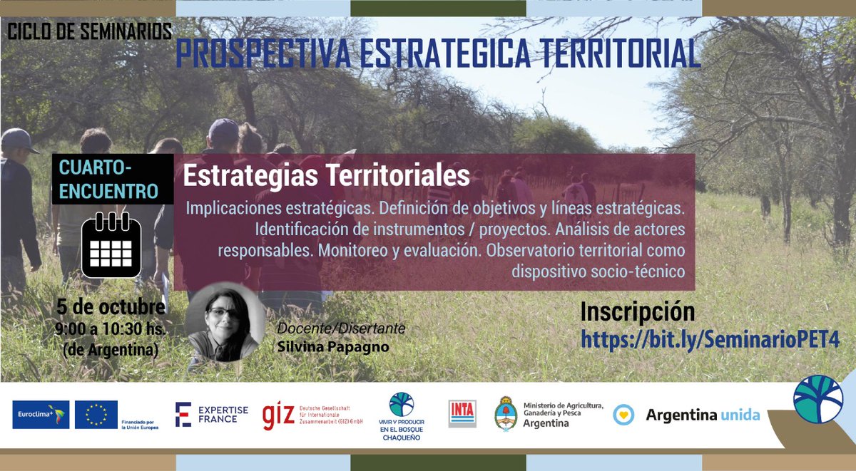 4to ENCUENTRO VIRTUAL del CICLO “PROSPECTIVA ESTRATEGICA TERRITORIAL” 
📆Martes 5 de Octubre de 2021
⏰ De 9 y las 10:30 hs (hora Argentina)

➡️Tema: “Estrategias territoriales”
Transmisión en vivo por canal de YouTube del INTA Salta-Jujuy 
➡️ Inscripción: bit.ly/SeminarioPET4