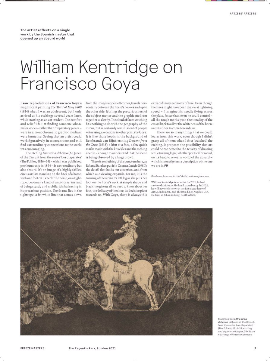 #WilliamKentridge on #Goya in #FriezeMasters Magazine 
Don’t miss Kentridge’s solo @MarianGoodman & Goya @stairsainty https://t.co/vWfbIad2nu