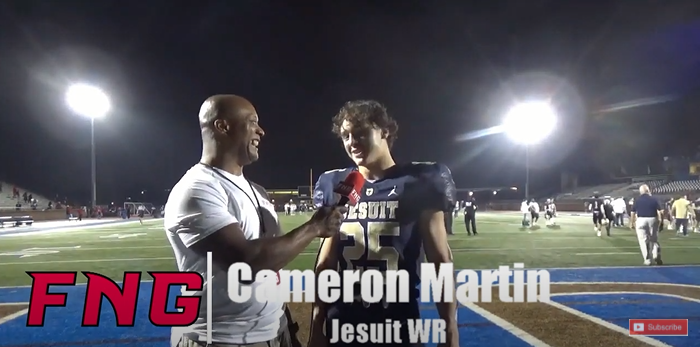 FridayNghtGlory's tweet photo. VIDEO Kenny Matthews talks to Jesuit Wide Receiver Cameron Martin, Quarterback Gage Roy and Athlete Robert Fitzgerald about the Rangers; 48-45 come from behind thriller over Lake Highlands https://t.co/kqxRQj8M99 #txhsfb #FNGsports https://t.co/nfJYWYFt6O