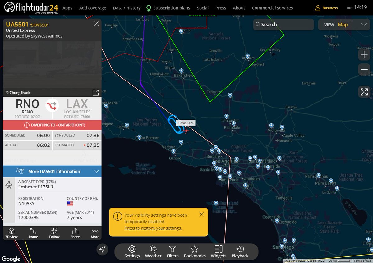 MULTI FR24 CIRCLING ALERT : At time Sat Oct  2 15:11:44 2021 #SKW5501 was likely to be circling at FL159 16nm from GMN Gorman_VORTAC_US
 near Thorn Meadows, Ventura County, California, United  #AvGeek #ADSB flightradar24.com/SKW5501/295cf5…