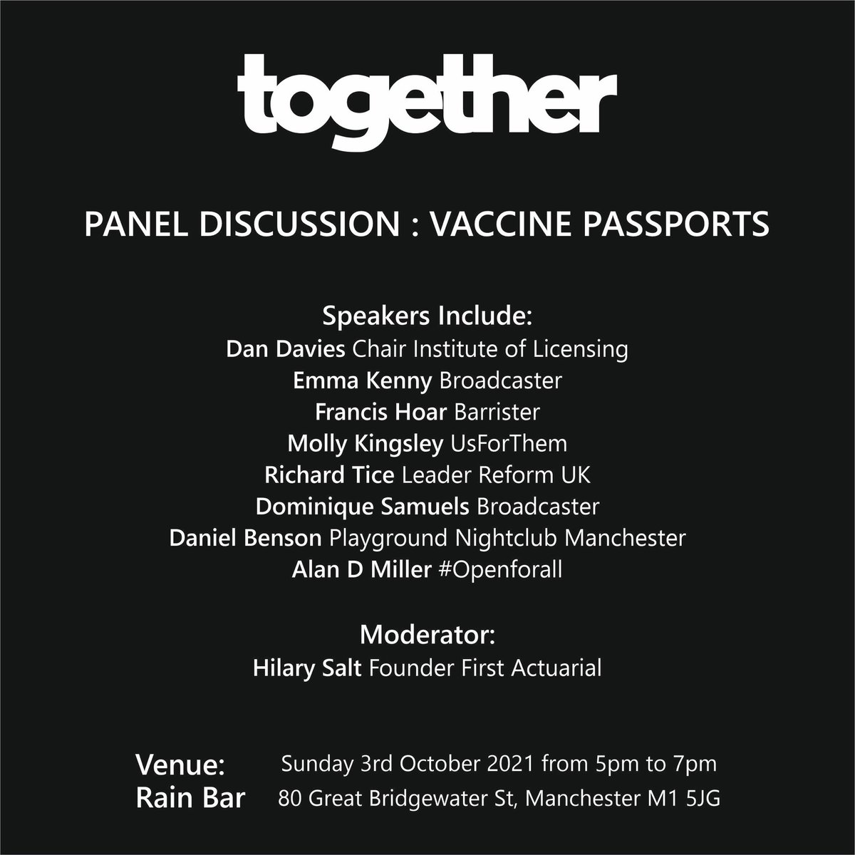 alanvibe's tweet photo. Come join us Sunday 5-7pm @RainBar_Mcr 

It’s #openforall &amp; we won’t stop until we’re fully open back to Normal #NoVaccinePassportsAnywhere #TogetherDeclaration 

Watch live 530pm https://t.co/b9UgRPXOHC https://t.co/Gpl7klHUAu