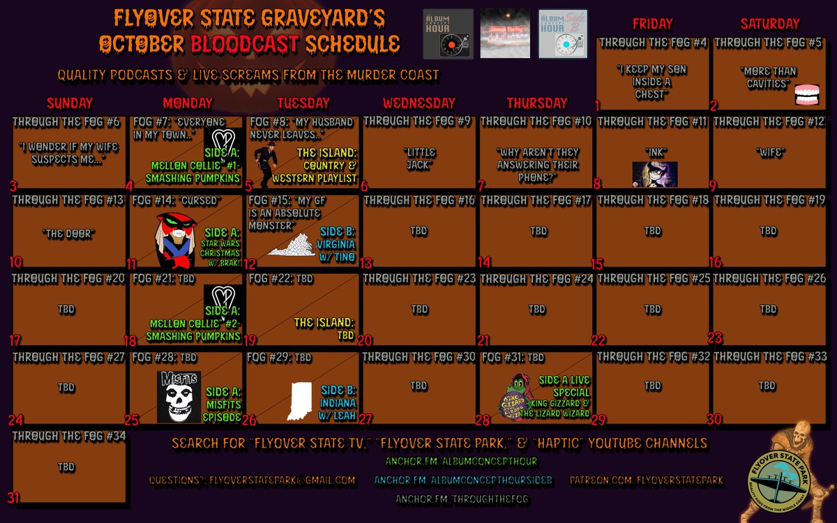 Here is our extra spoopy schedule for October for Flyover State Park! <a href="/RollingStonedPd/">Rolling Stoned</a> @AlbumConceptPod #music #podcast #spookymonth #spookyseason