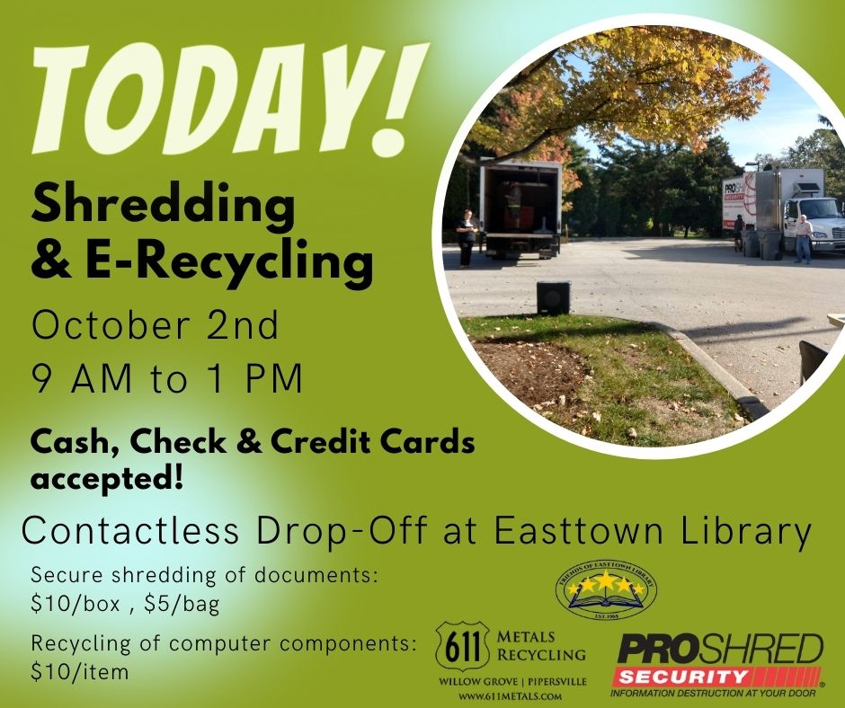 easttownlibrary's tweet photo. The Friends of #EasttownLibrary Community Shredding & E-Recycling Event is happening now! Stop by before 1 PM to have your papers shredded and recycle old computer components and wires. Sorry, no TVs! Charges apply; all proceeds benefit #FriendsofEasttownLibrary. #Berwynpa https://t.co/xL52wAI5kQ