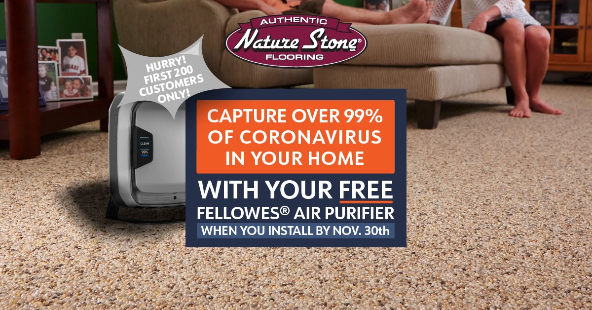 NatureStone's tweet photo. VERY LIMITED TIME OFFER! While supplies last, we’re giving you a free Fellowes Air Purifier with every new garage or basement floor!

These Air Purifiers capture 99.99% of Coronavirus in your home. Schedule your free quote today:

https://t.co/biEuaHzNtz https://t.co/BDvdsxoKXt